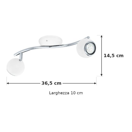 Eglo bimeda plafoniera con 2 faretti gu10 led 5,6w 3000k orientabili 36,5cm per corridoio moderna bianca e cromo