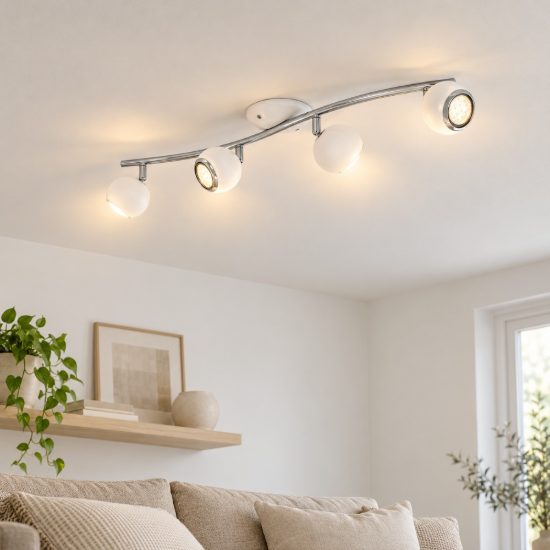 Eglo bimeda plafoniera con 4 faretti gu10 led 11,2w 3000k orientabili 64cm per soggiorno moderna bianca e cromo