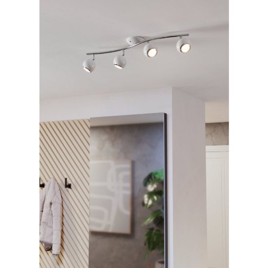 Eglo bimeda plafoniera con 4 faretti gu10 led 11,2w 3000k orientabili 64cm per soggiorno moderna bianca e cromo