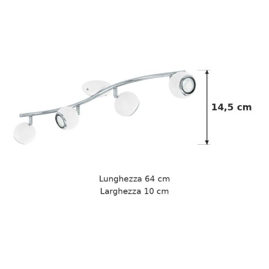 Eglo bimeda plafoniera con 4 faretti gu10 led 11,2w 3000k orientabili 64cm per soggiorno moderna bianca e cromo