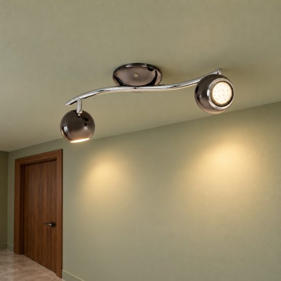 Eglo bimeda plafoniera con 2 faretti gu10 led 5,6w 3000k orientabili 36,5cm per corridoio moderna nichel nero e cromo