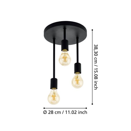 Eglo wilmcote lampadario a sospensione 3 luci 28cm per cucina industriale nero