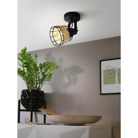 Eglo anwick 1 applique con faretto e27 orientabile 14cm per corridoio rustica nera con paralume in rattan