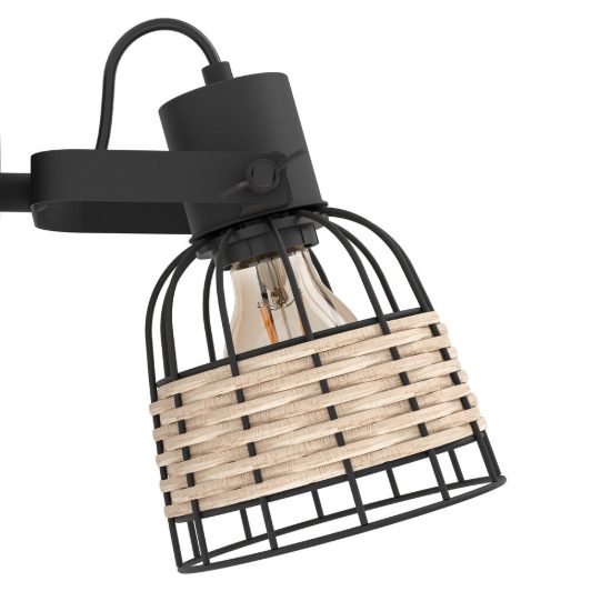Eglo anwick 1 applique con faretto e27 orientabile 14cm per corridoio rustica nera con paralume in rattan