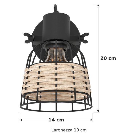 Eglo anwick 1 applique con faretto e27 orientabile 14cm per corridoio rustica nera con paralume in rattan