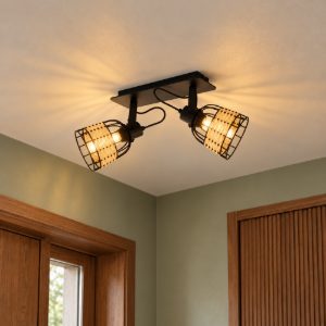 Eglo anwick 1 plafoniera con 2 faretti e27 orientabili 48cm per ingresso moderna nera con paralumi in rattan