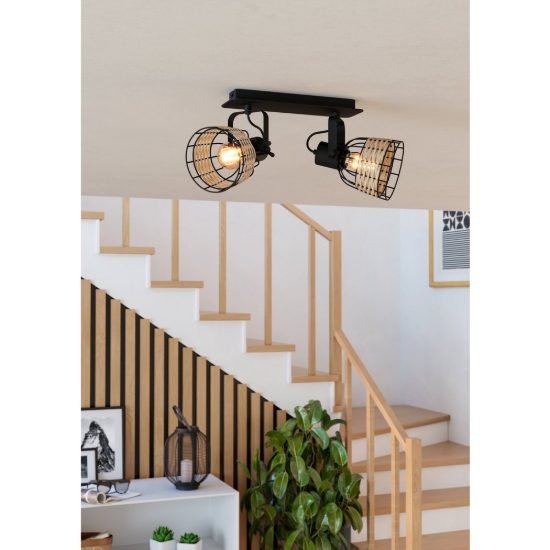 Eglo anwick 1 plafoniera con 2 faretti e27 orientabili 48cm per ingresso moderna nera con paralumi in rattan