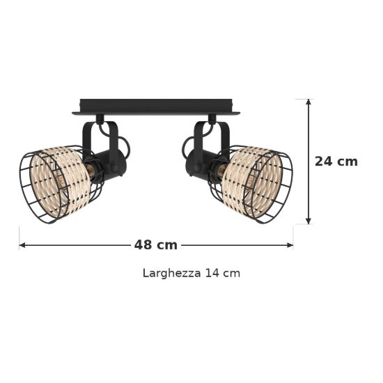 Eglo anwick 1 plafoniera con 2 faretti e27 orientabili 48cm per ingresso moderna nera con paralumi in rattan