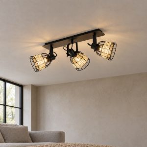 Eglo anwick 1 plafoniera con 3 faretti e27 orientabili 67cm per soggiorno moderna nera con paralumi in rattan