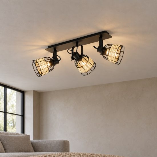 Eglo anwick 1 plafoniera con 3 faretti e27 orientabili 67cm per soggiorno moderna nera con paralumi in rattan