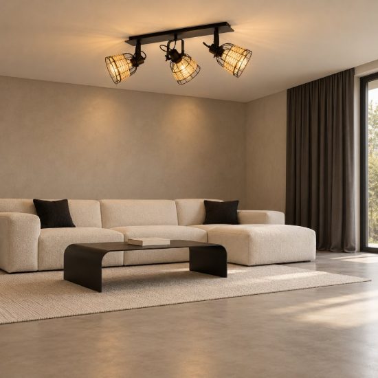 Eglo anwick 1 plafoniera con 3 faretti e27 orientabili 67cm per soggiorno moderna nera con paralumi in rattan