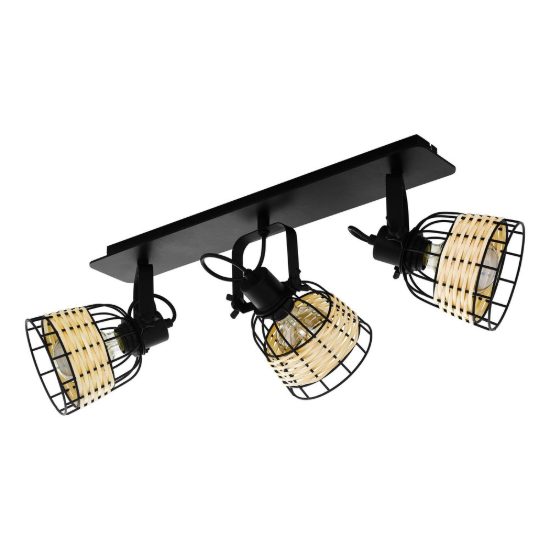Eglo anwick 1 plafoniera con 3 faretti e27 orientabili 67cm per soggiorno moderna nera con paralumi in rattan