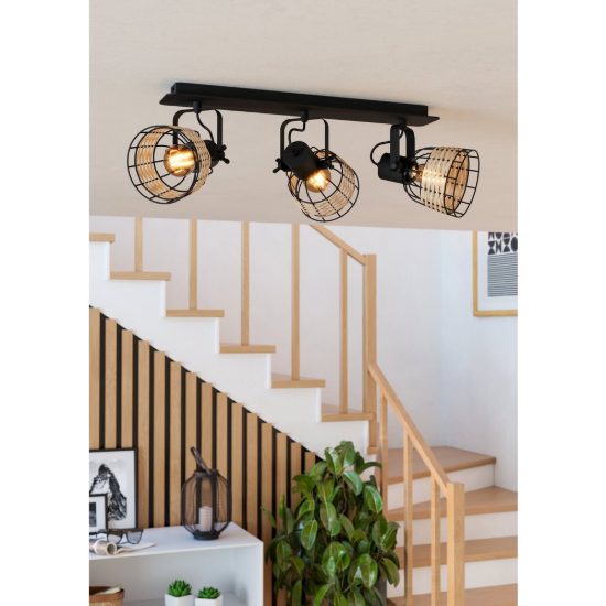 Eglo anwick 1 plafoniera con 3 faretti e27 orientabili 67cm per soggiorno moderna nera con paralumi in rattan