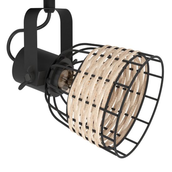 Eglo anwick 1 plafoniera con 3 faretti e27 orientabili 67cm per soggiorno moderna nera con paralumi in rattan