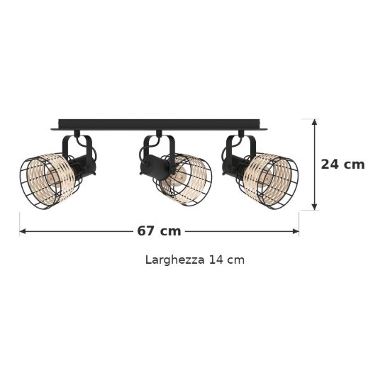 Eglo anwick 1 plafoniera con 3 faretti e27 orientabili 67cm per soggiorno moderna nera con paralumi in rattan