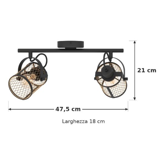 Eglo dellow plafoniera con 2 faretti e27 orientabili 47,5cm per soggiorno moderna nera e ottone