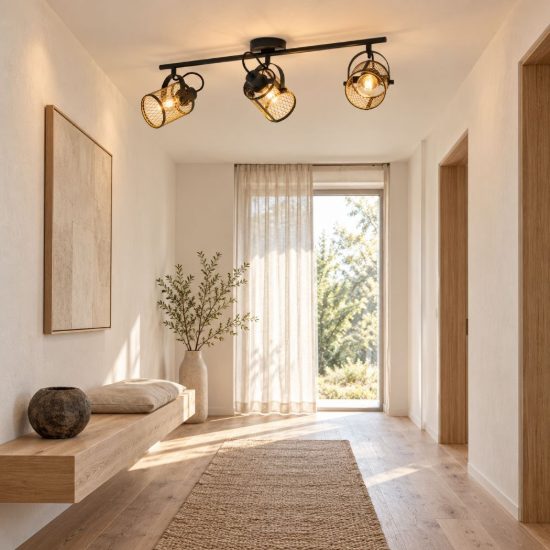 Eglo dellow plafoniera con 3 faretti e27 orientabili 83cm per corridoio moderna nera e ottone