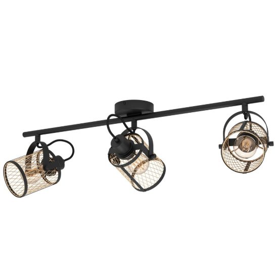 Eglo dellow plafoniera con 3 faretti e27 orientabili 83cm per corridoio moderna nera e ottone