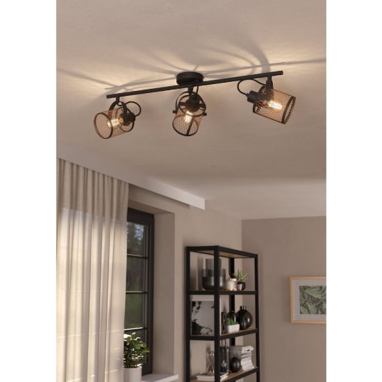 Eglo dellow plafoniera con 3 faretti e27 orientabili 83cm per corridoio moderna nera e ottone