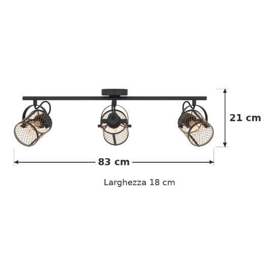 Eglo dellow plafoniera con 3 faretti e27 orientabili 83cm per corridoio moderna nera e ottone