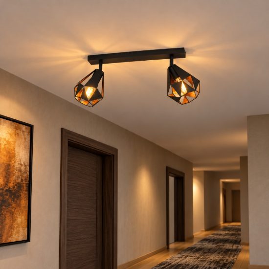 Eglo carlton 7 plafoniera con 2 faretti e27 orientabili 42cm per corridoio moderna nera e rame invecchiato