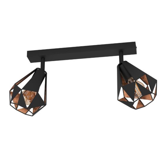 Eglo carlton 7 plafoniera con 2 faretti e27 orientabili 42cm per corridoio moderna nera e rame invecchiato
