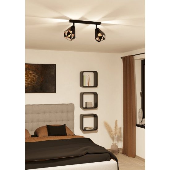 Eglo carlton 7 plafoniera con 2 faretti e27 orientabili 42cm per corridoio moderna nera e rame invecchiato