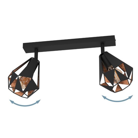 Eglo carlton 7 plafoniera con 2 faretti e27 orientabili 42cm per corridoio moderna nera e rame invecchiato