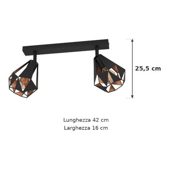 Eglo carlton 7 plafoniera con 2 faretti e27 orientabili 42cm per corridoio moderna nera e rame invecchiato