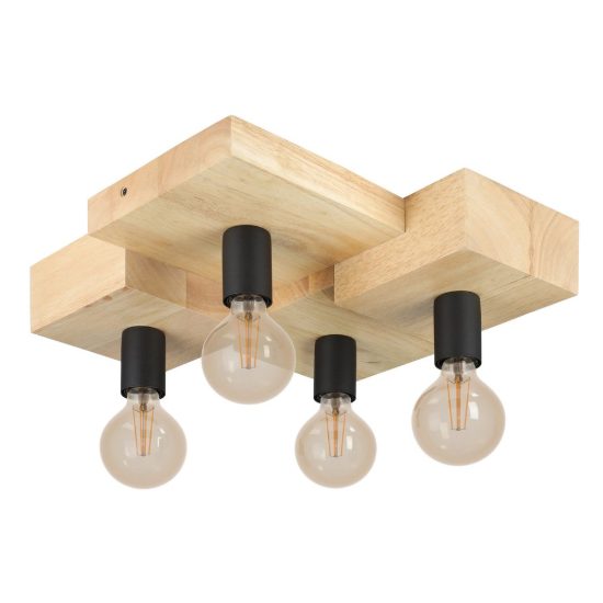 Eglo halkin plafoniera 4 luci 40cm per soggiorno rustica legno e nera