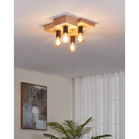 Eglo halkin plafoniera 4 luci 40cm per soggiorno rustica legno e nera