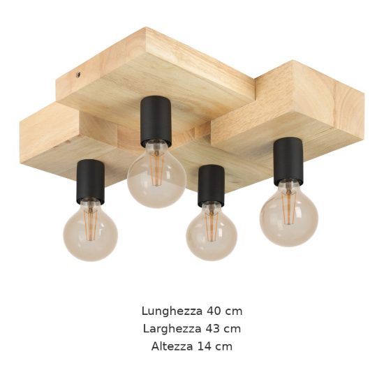 Eglo halkin plafoniera 4 luci 40cm per soggiorno rustica legno e nera