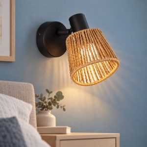 Eglo keelby applique con faretto e14 orientabile 11cm per camera da letto moderna nera con paralume in carta