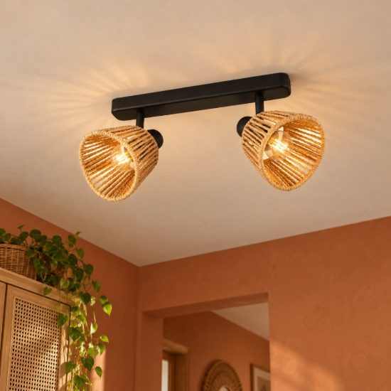 Eglo keelby plafoniera con 2 faretti e14 orientabili 30cm per corridoio moderna nera con paralumi in carta