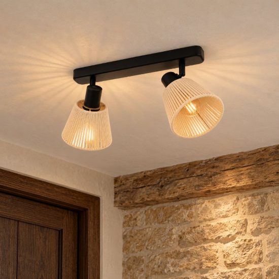 Eglo seagard plafoniera con 2 faretti e14 orientabili 30cm per corridoio moderna nera con paralumi in tessuto crema