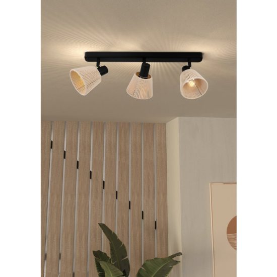 Eglo seagard plafoniera con 3 faretti e14 orientabili 52cm per corridoio moderna nera con paralumi in tessuto crema