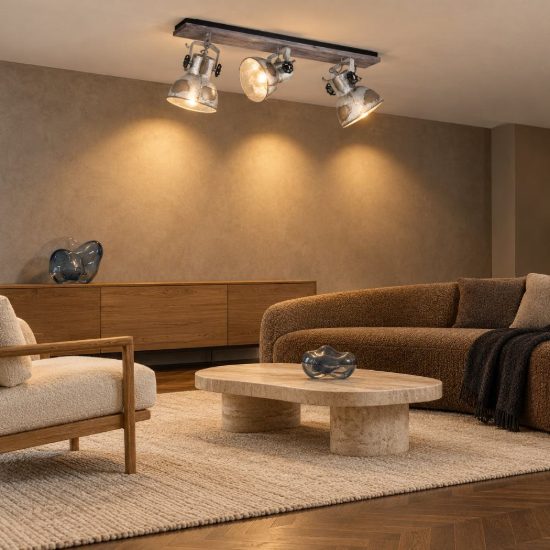 Eglo barnstaple plafoniera con 3 faretti e27 orientabili 75cm per soggiorno moderna marrone patinato e nera