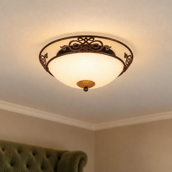 Eglo mestre plafoniera 2 luci 39,5cm per soggiorno classica marrone anticato e oro