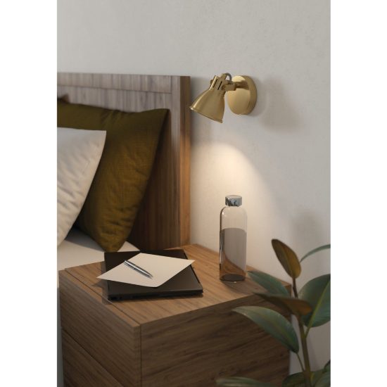Eglo seras applique con faretto gu10 led 2,8w 3000k orientabile 10cm per camera da letto moderna ottone e oro