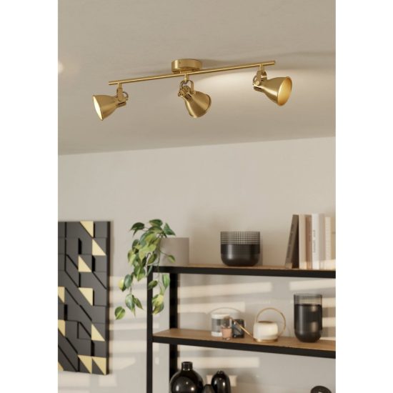 Eglo seras plafoniera con 3 faretti gu10 led 8,4w 3000k orientabili 59,5cm per soggiorno moderna ottone e oro