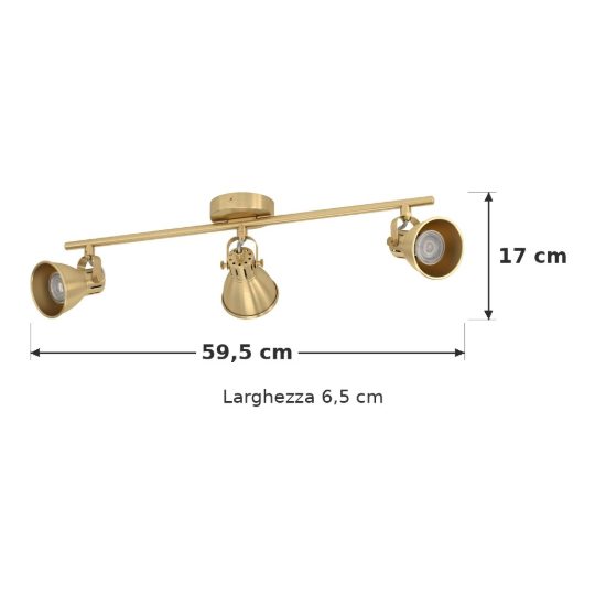 Eglo seras plafoniera con 3 faretti gu10 led 8,4w 3000k orientabili 59,5cm per soggiorno moderna ottone e oro