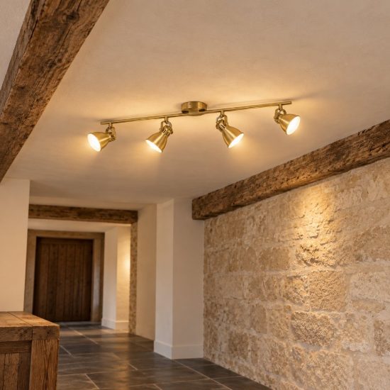 Eglo seras plafoniera con 4 faretti gu10 led 11,2w 3000k orientabili 77cm per corridoio moderna ottone e oro