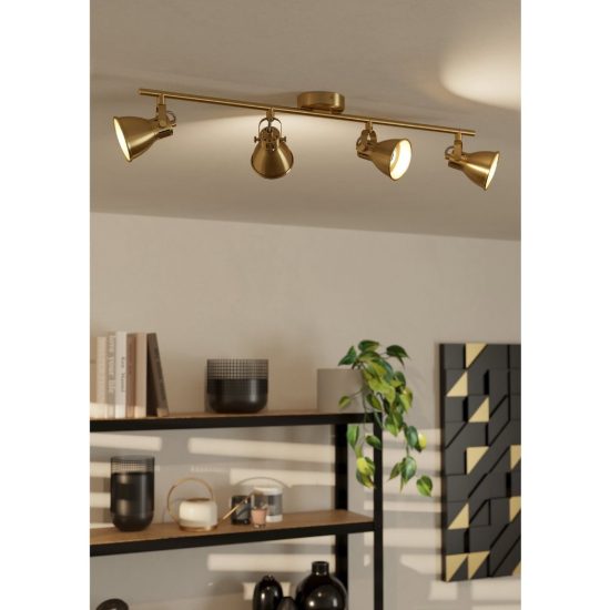 Eglo seras plafoniera con 4 faretti gu10 led 11,2w 3000k orientabili 77cm per corridoio moderna ottone e oro