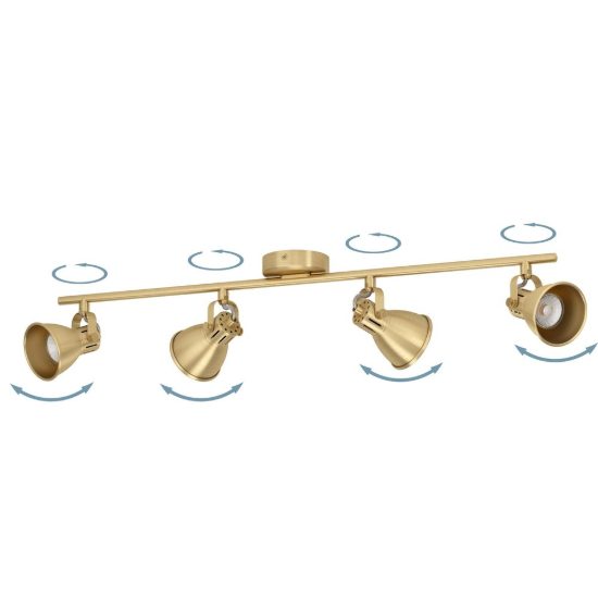 Eglo seras plafoniera con 4 faretti gu10 led 11,2w 3000k orientabili 77cm per corridoio moderna ottone e oro