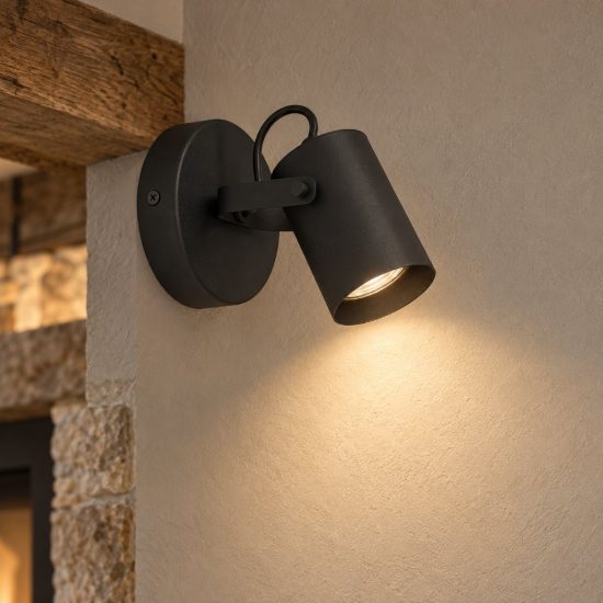 Eglo sorego applique con faretto gu10 led 2,8w 3000k orientabile 11cm per soggiorno moderna nera