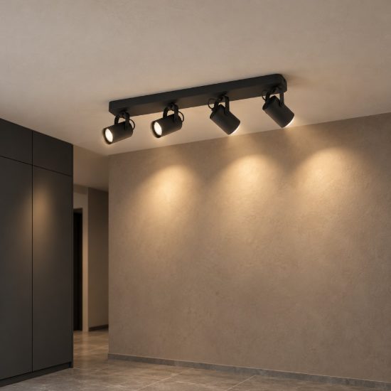 Eglo sorego plafoniera con 4 faretti gu10 led 11,2w 3000k orientabili 58cm per ingresso moderna nera