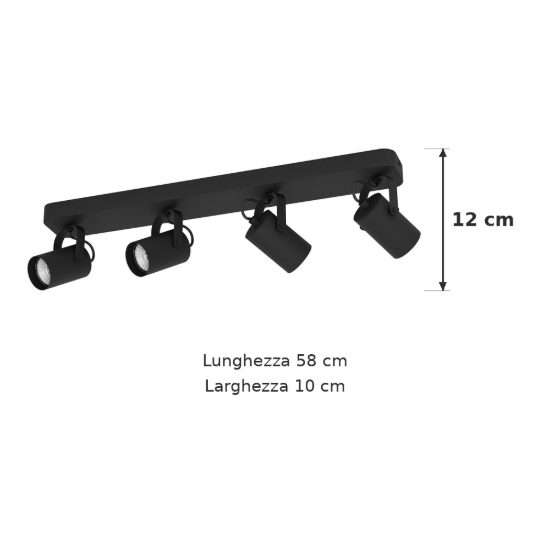 Eglo sorego plafoniera con 4 faretti gu10 led 11,2w 3000k orientabili 58cm per ingresso moderna nera