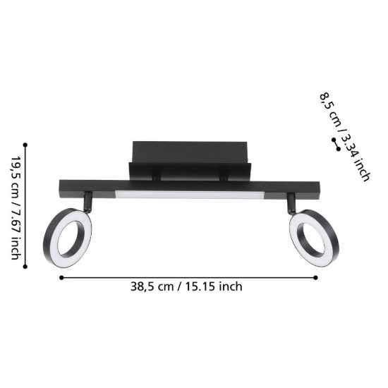 Eglo cardillio 2 plafoniera con 2 faretti led 9,7w 3000k orientabili 38,5cm per ingresso moderna nera
