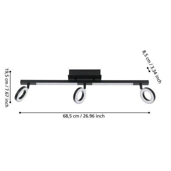 Eglo cardillio 2 plafoniera con 3 faretti led 16,2w 3000k orientabili 68,5cm per cucina moderna nera