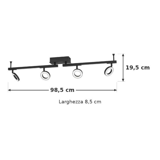 Eglo cardillio 2 plafoniera con 4 faretti led 19,4w 3000k orientabili 98,5cm per corridoio moderna nera